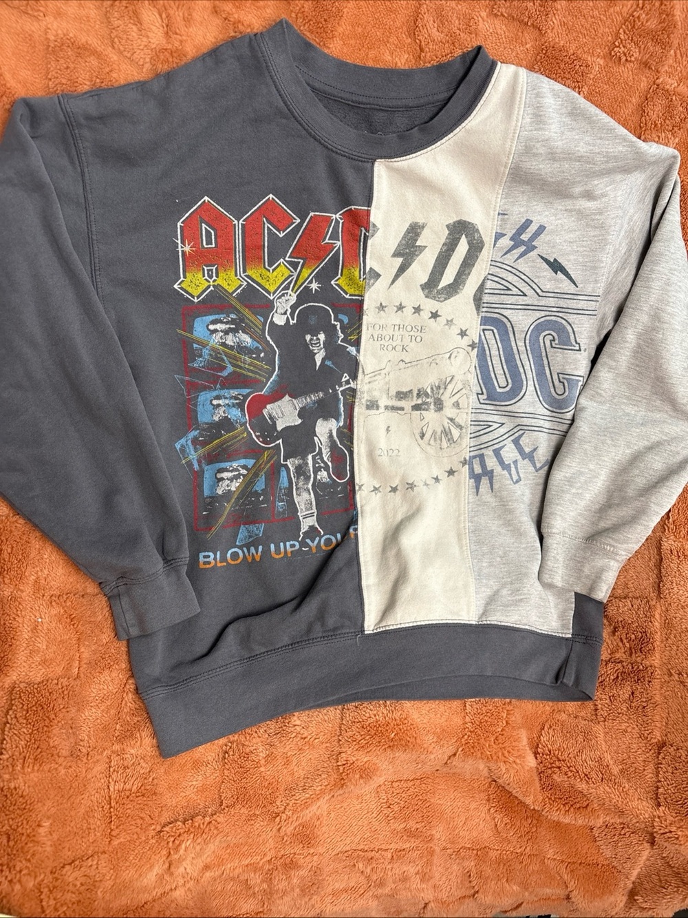 AC/DC Patchwork Crewneck Sweatshirt - Gray, Cream, Navy